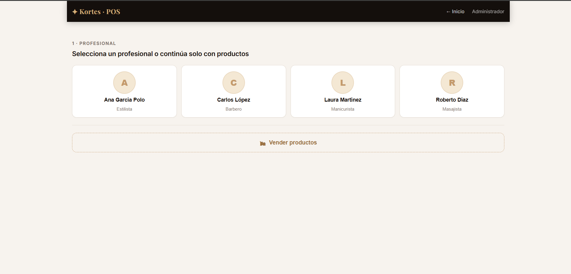 Punto de venta de Kortes con la selección del profesional que atendió y el acceso a vender productos.