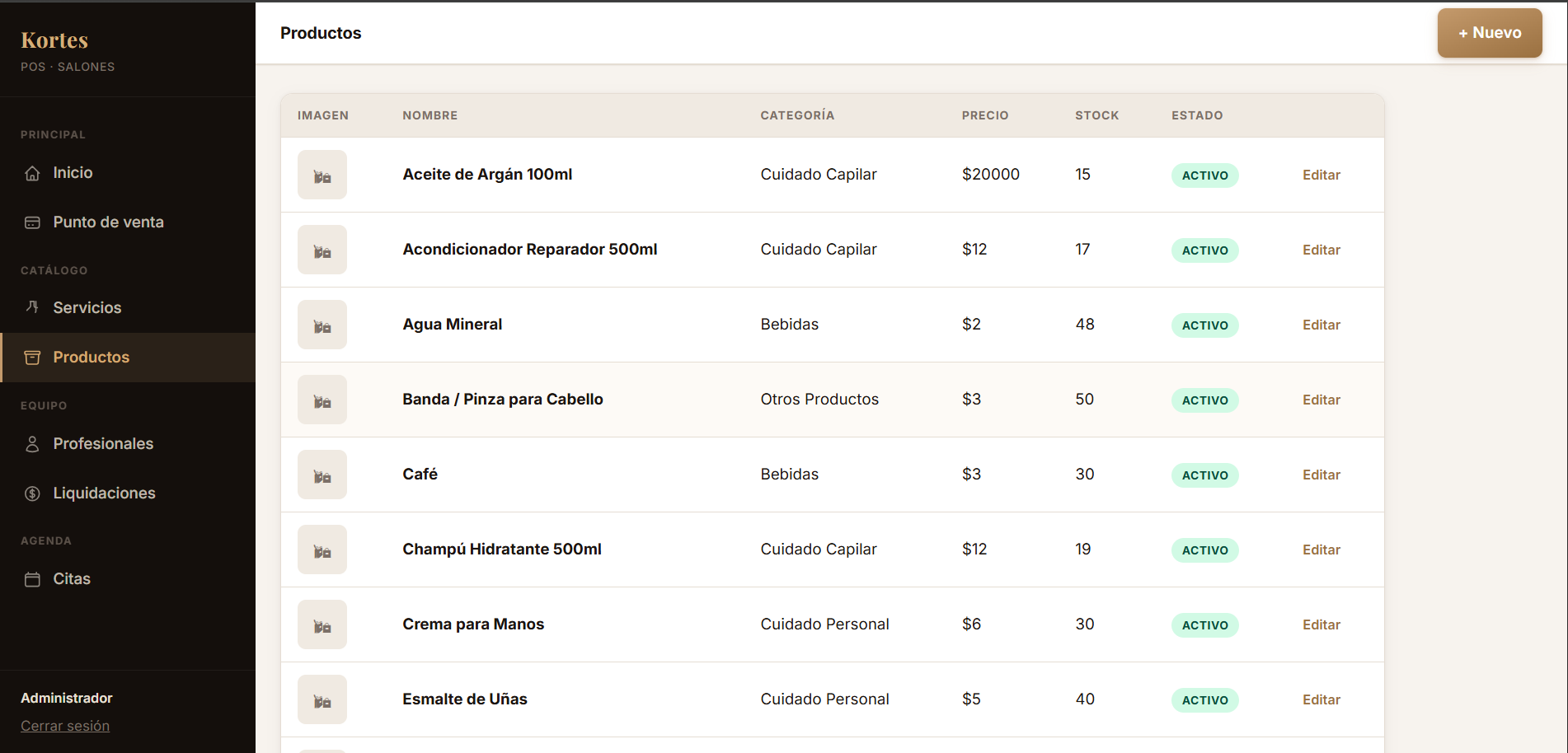 Inventario de productos de Kortes con imagen, precio, stock disponible y categoría.